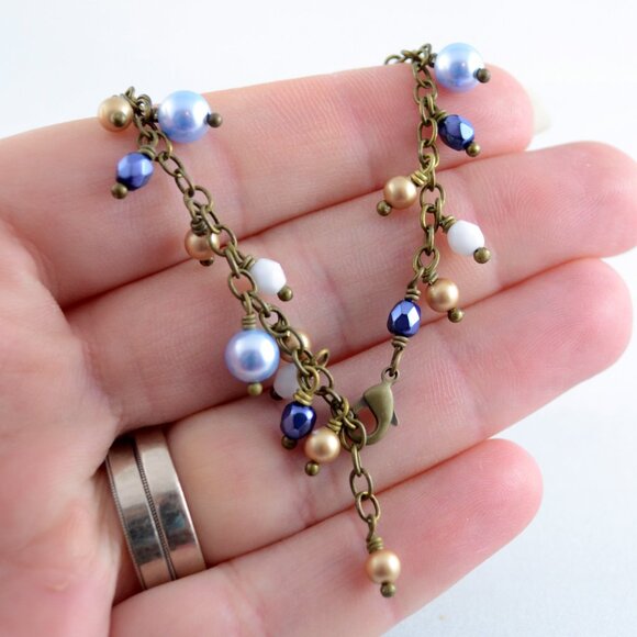 Cluster Bracelet with Light Blue and Bronze Pearls in Antiqued Brass - Picture 4 of 5